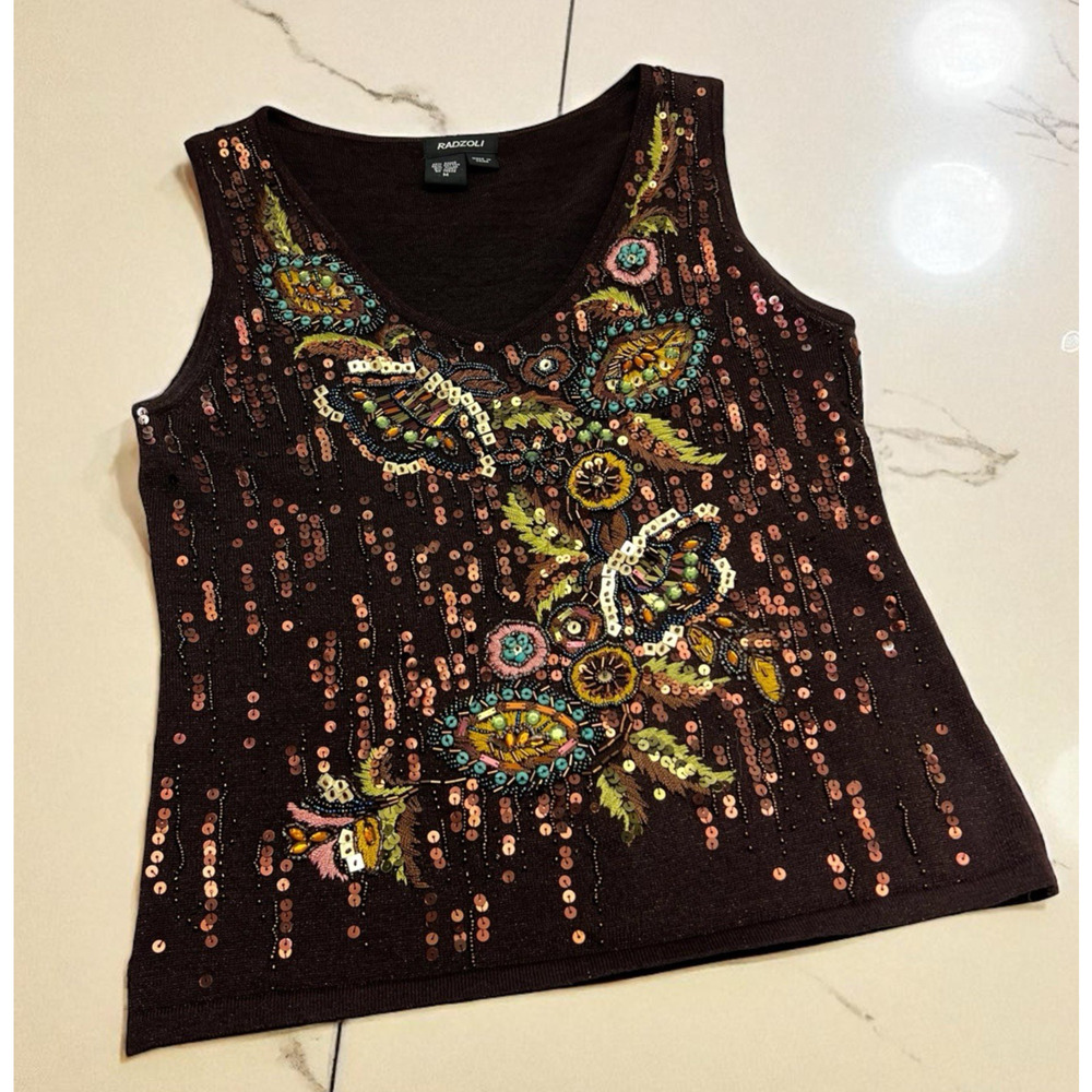 Radzoli Sweater Vest Women's Size Medium Brown Beaded Sequinned Artsy V Neck